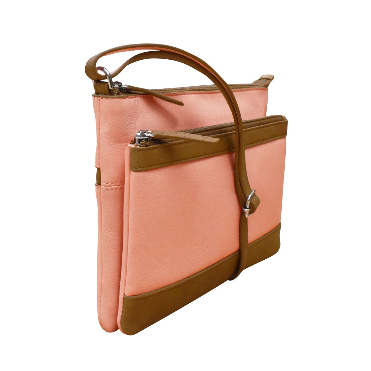 Pink handbag with brown accents on a white background