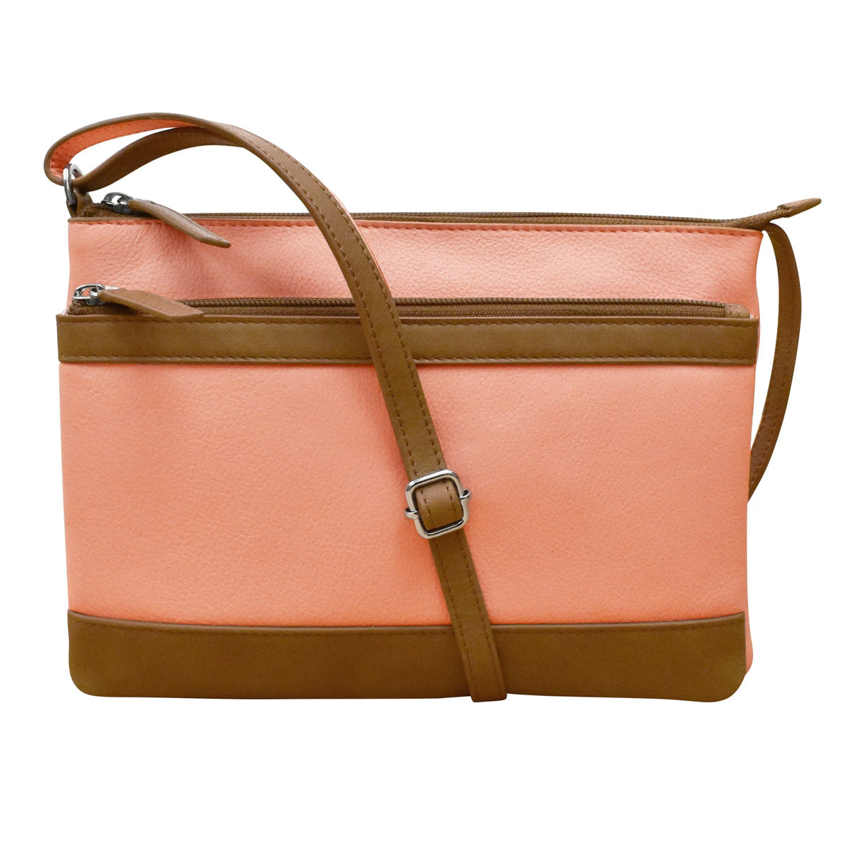Peach-colored handbag with brown accents on a white background