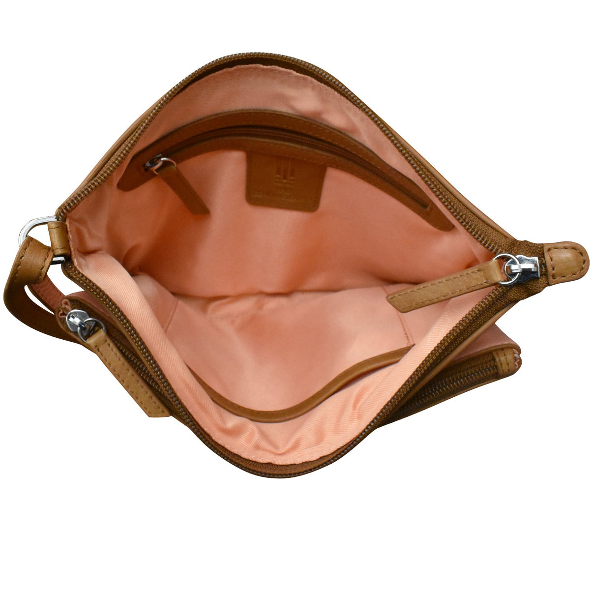 Brown leather handbag with open top on a white background