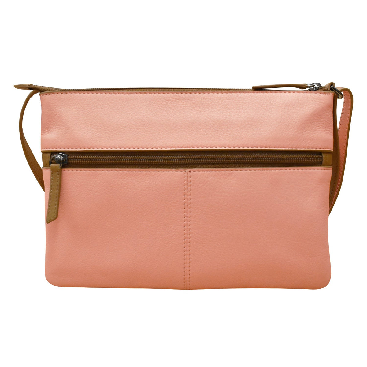 Pink handbag with brown accents on a white background