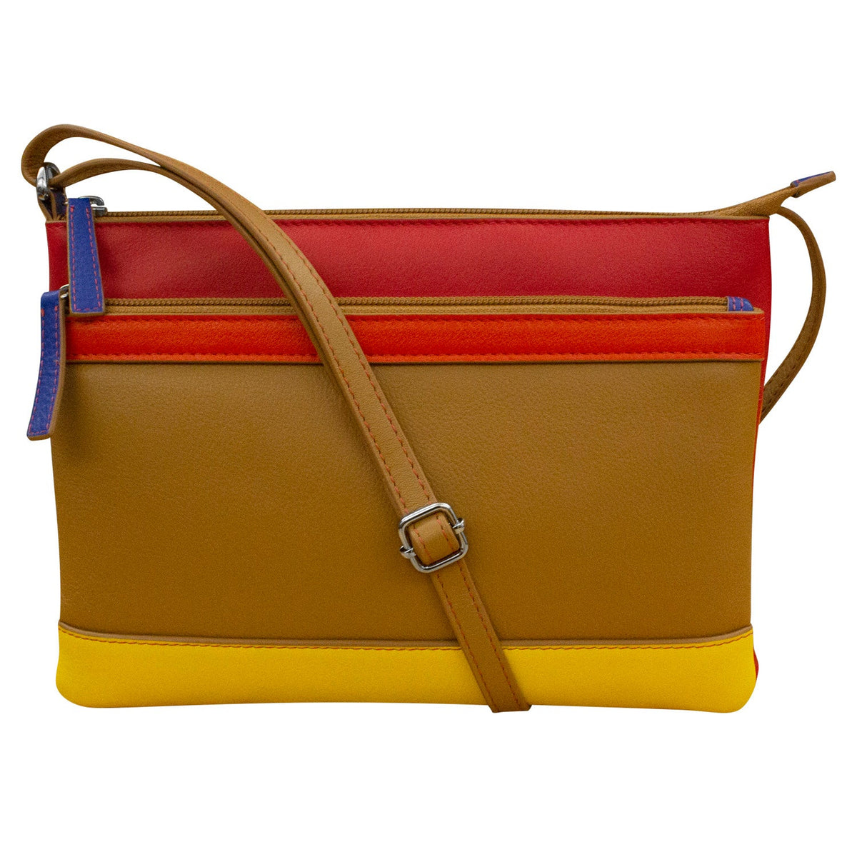Multicolored handbag with a strap on a white background