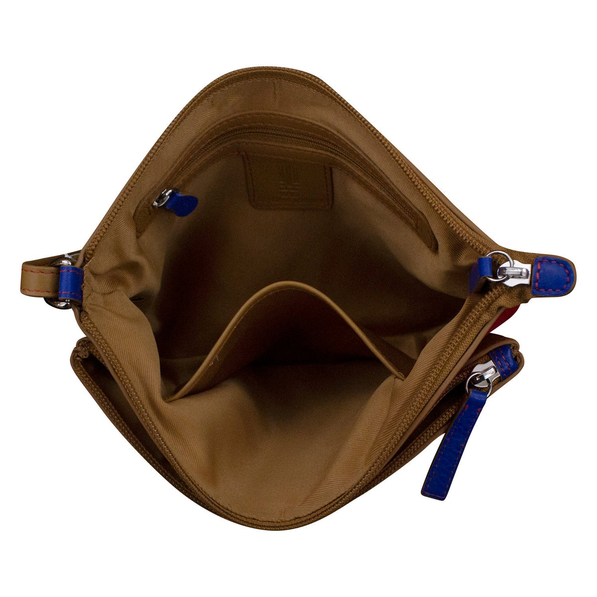 Brown leather bag with blue zippers on a white background
