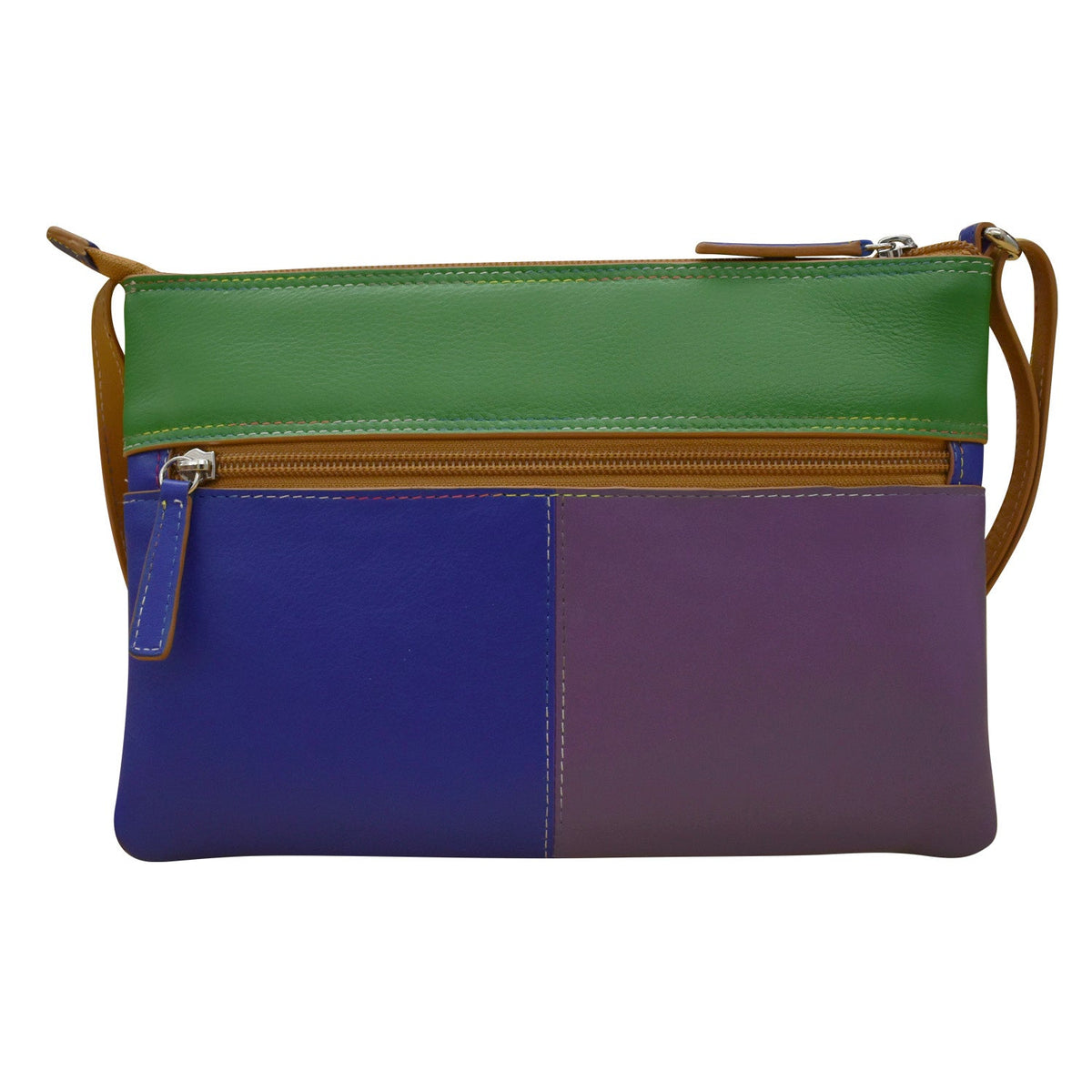 Multicolored clutch bag with green, blue, and purple sections on a white background