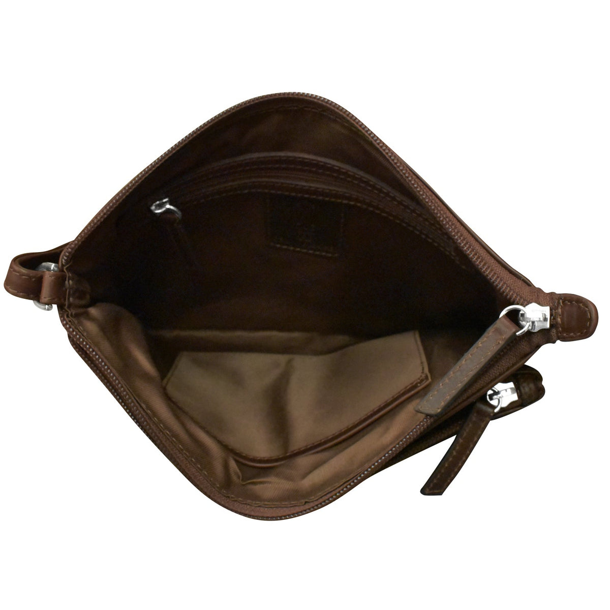 Brown leather bag with a zipper on a white background