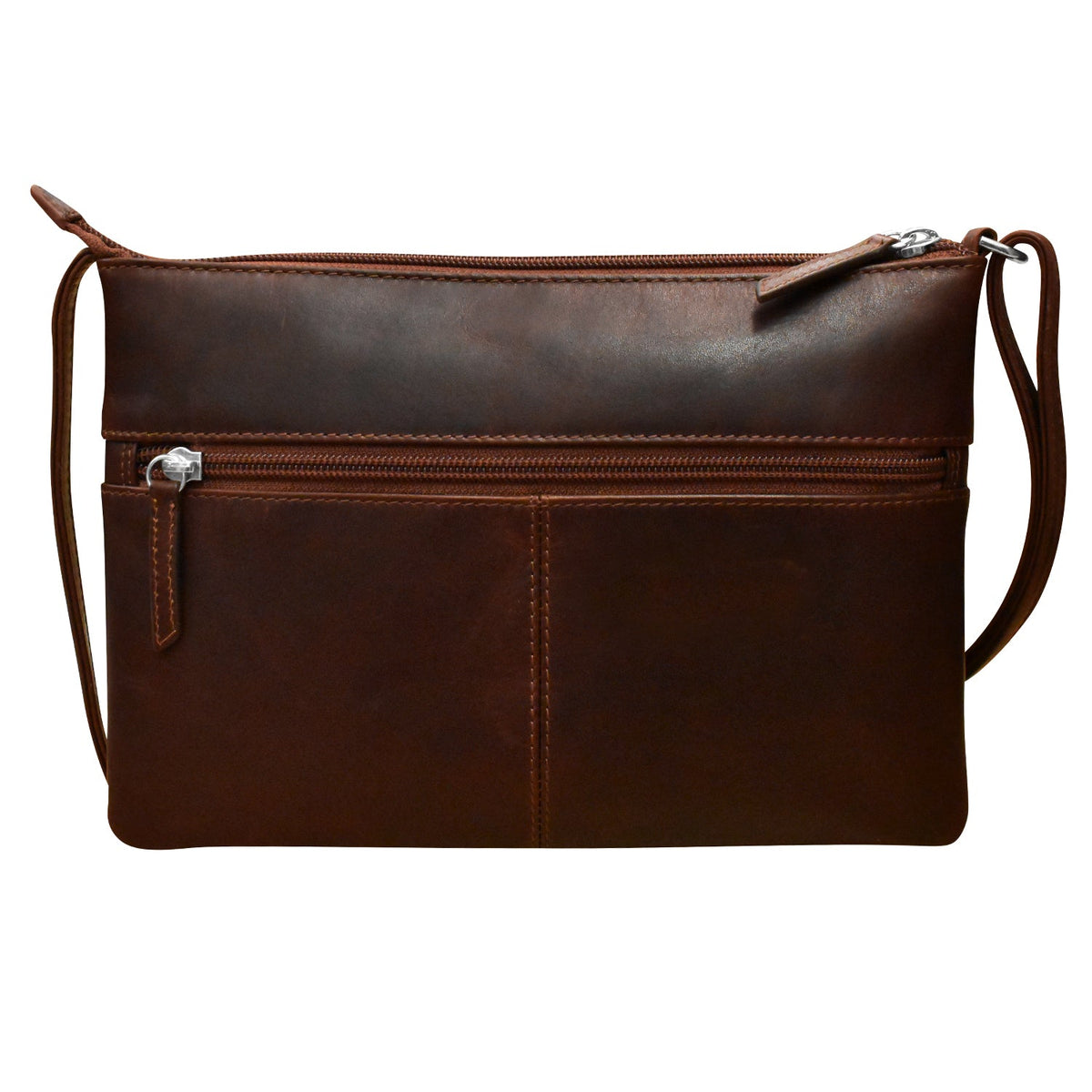Brown leather crossbody bag with a strap on a white background