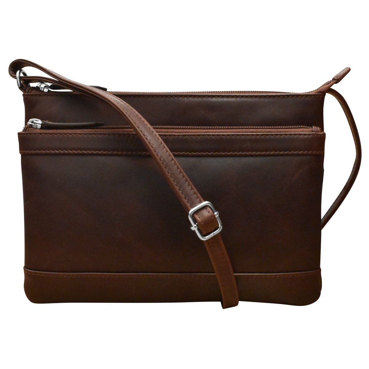 Brown leather handbag with a strap on a white background