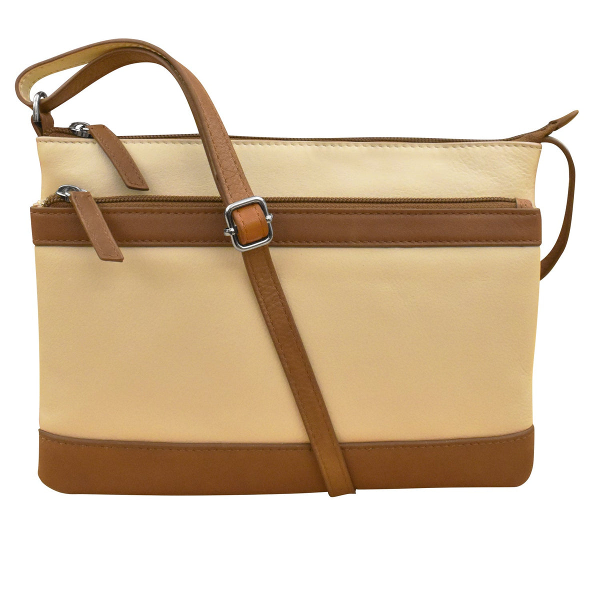 Beige handbag with brown accents on a white background