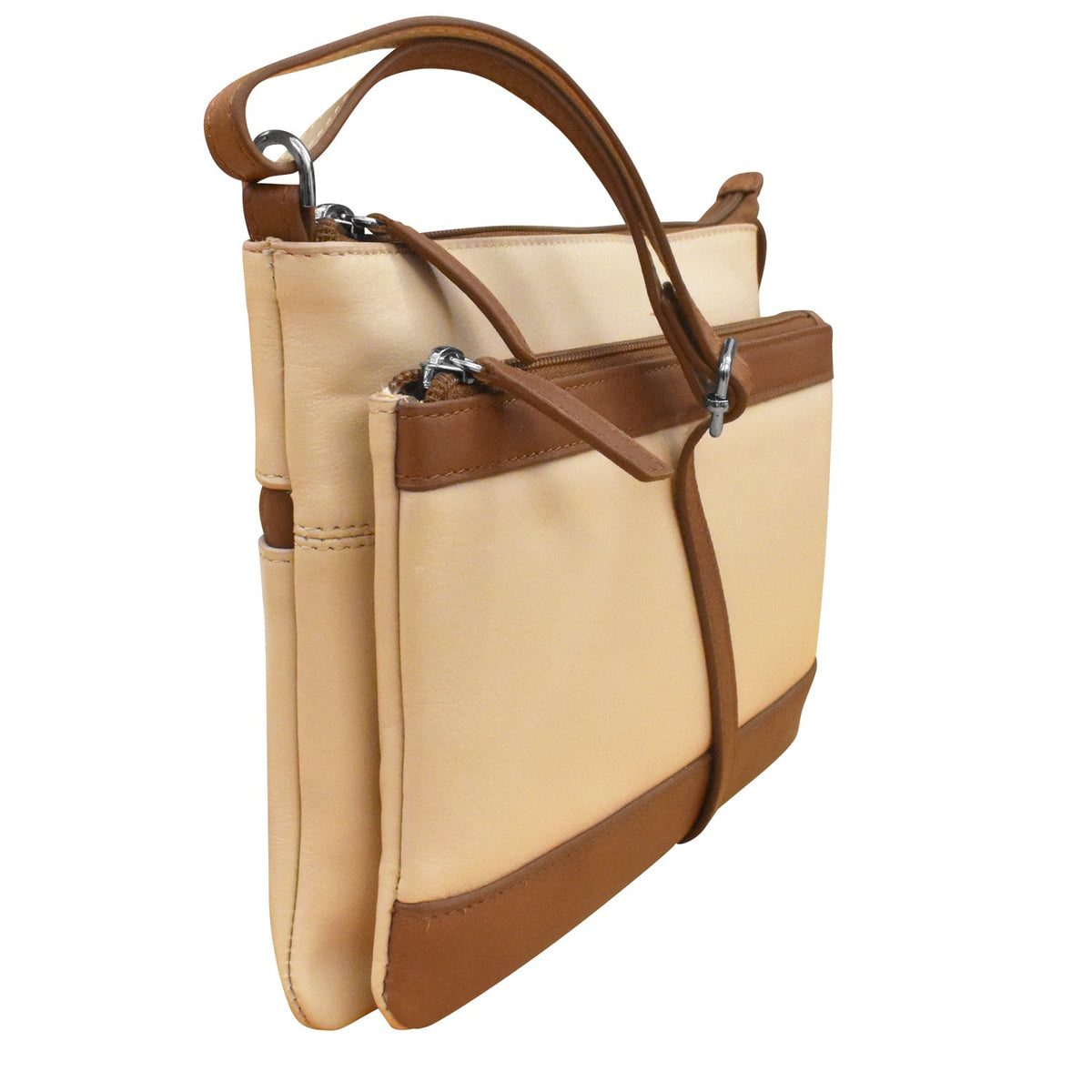 Beige handbag with brown accents on a white background