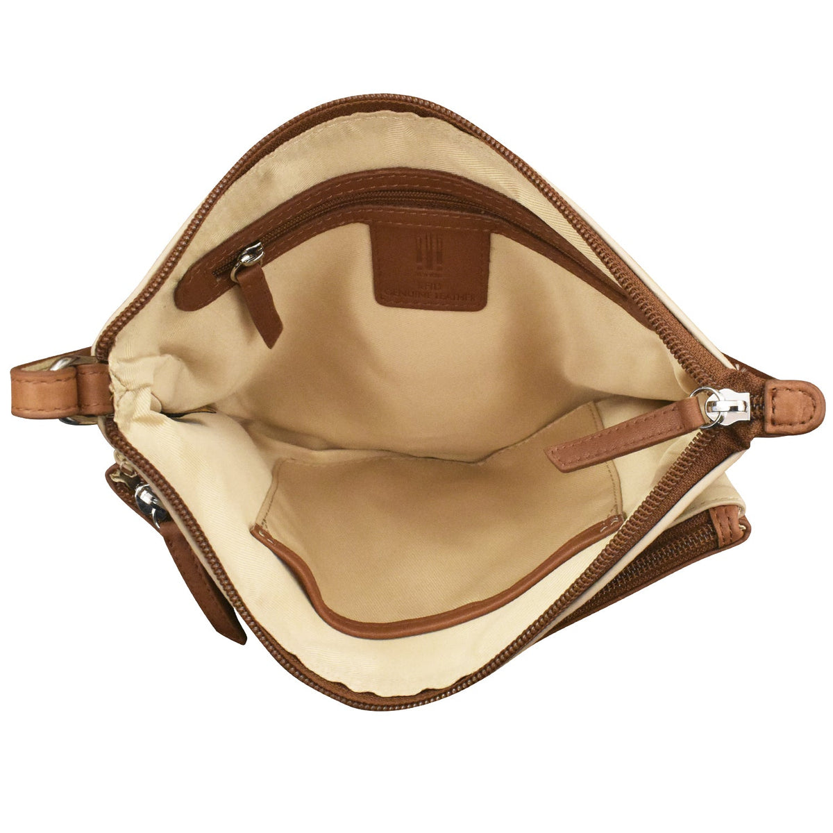 Open brown leather handbag with beige interior on a white background