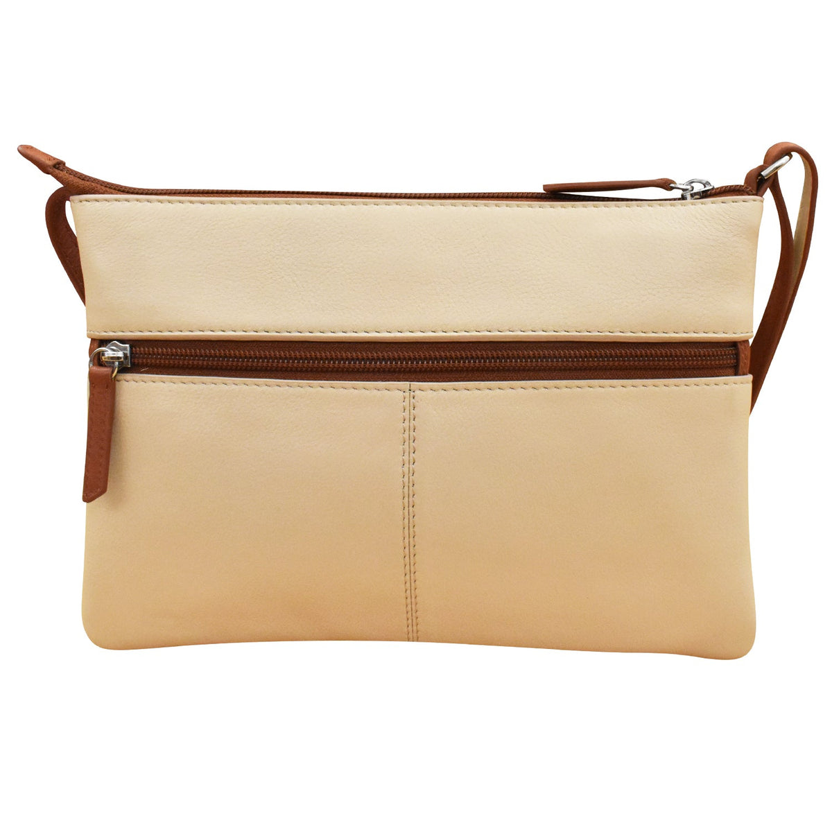 Beige handbag with brown accents on a white background