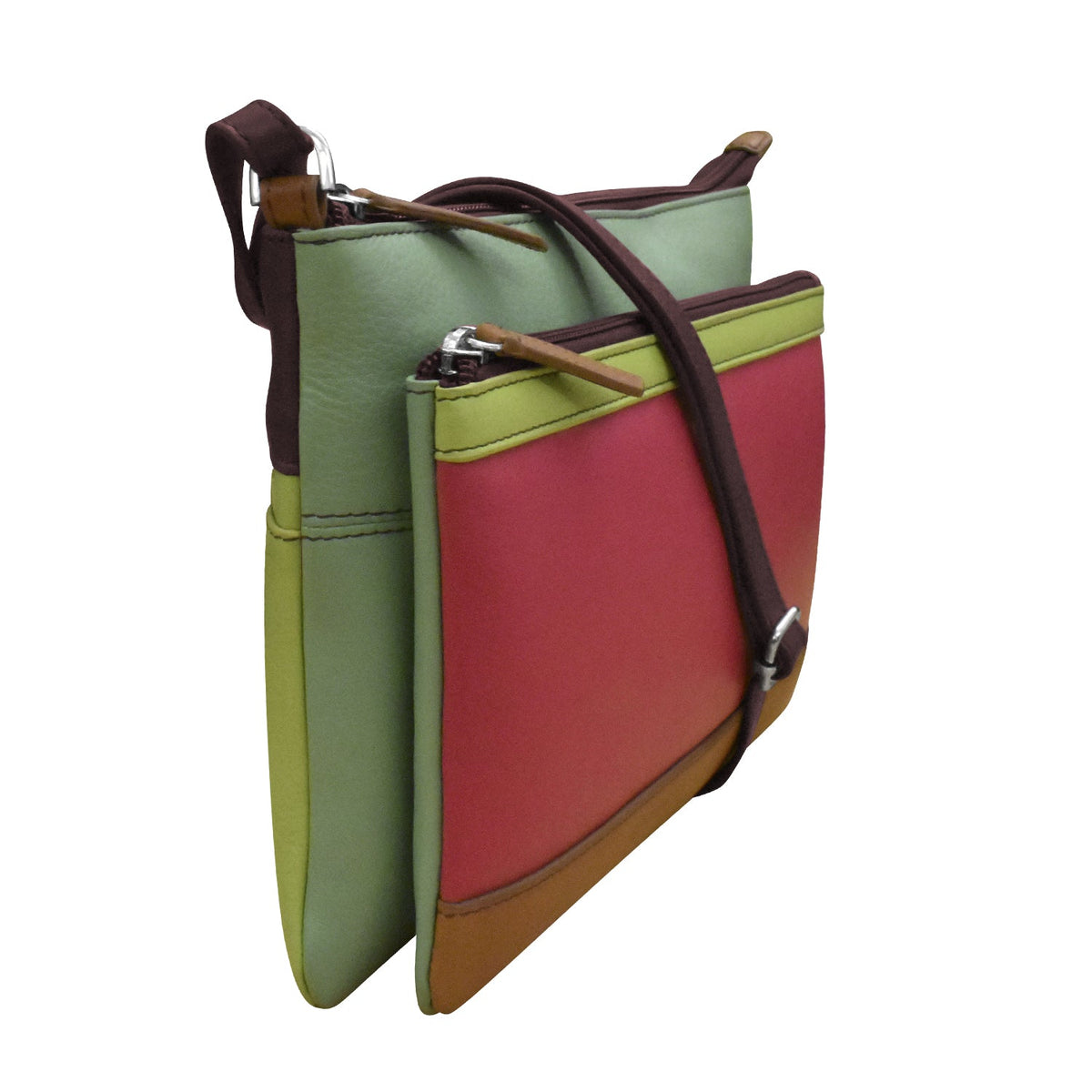 Multicolored handbag with green, red, and brown sections on a white background