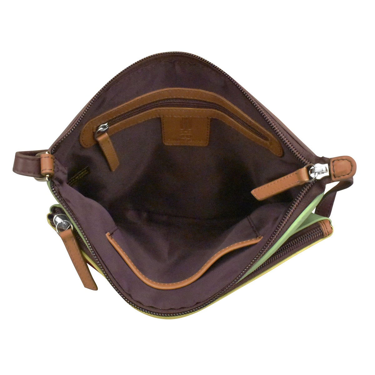 Brown leather bag with a zipper on a white background