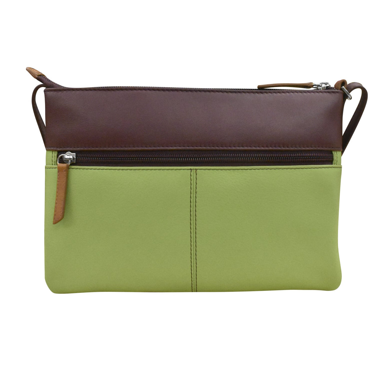 Two-tone green and brown handbag on a white background