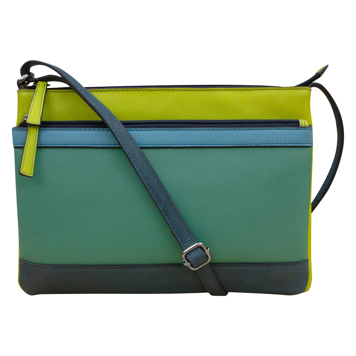 Multicolored handbag with a strap on a white background