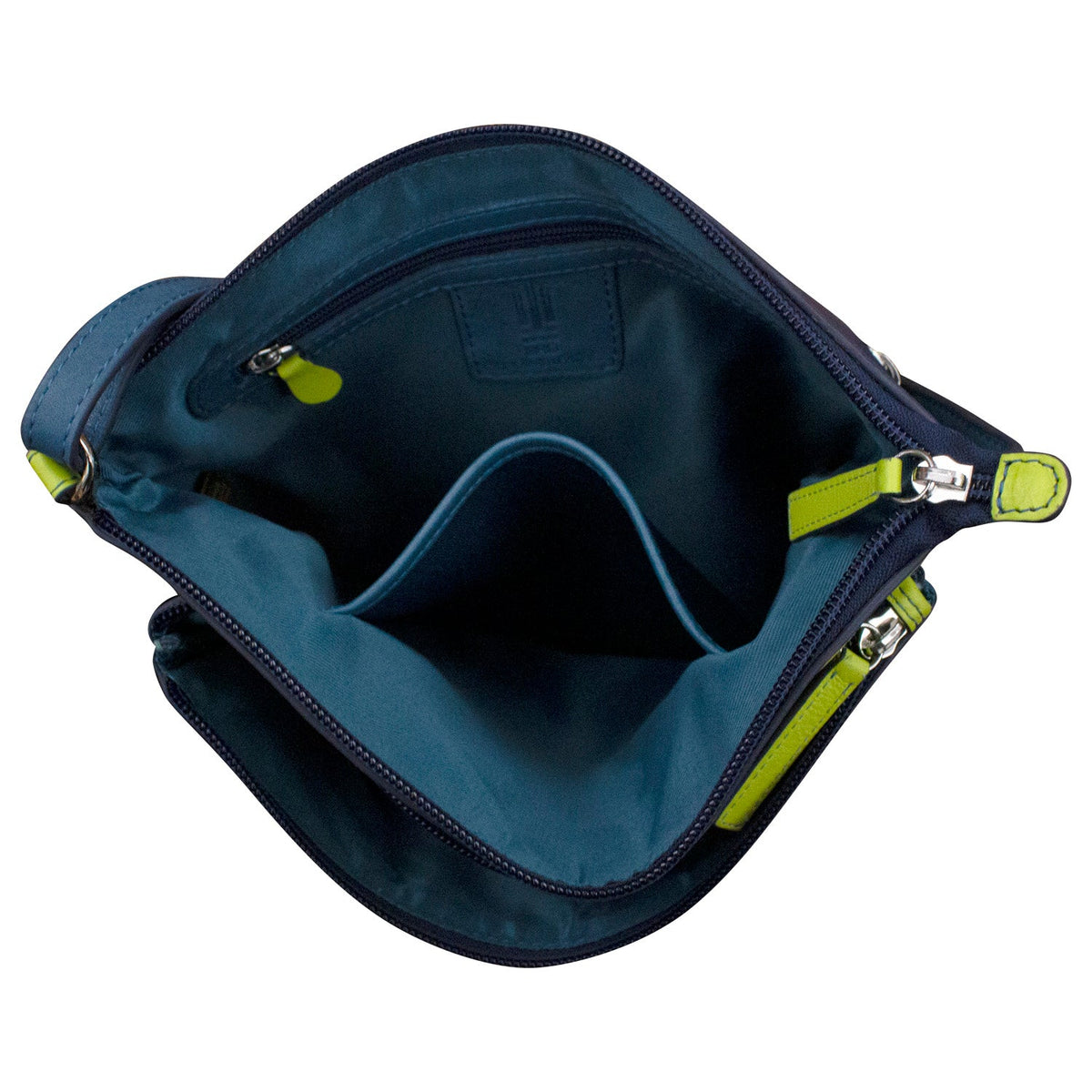 Blue handbag with green zipper on a white background