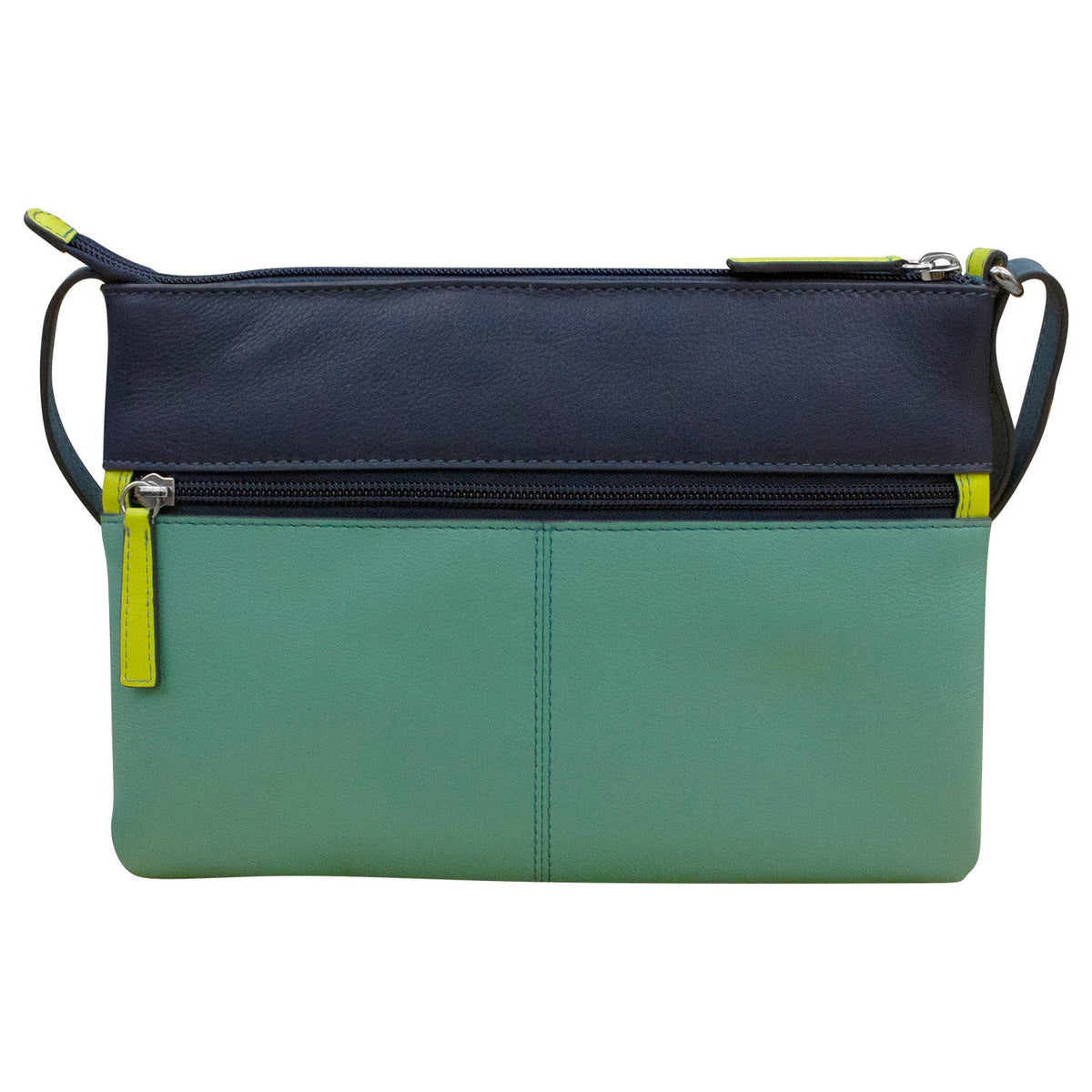 Two-toned handbag with navy and teal sections on a white background