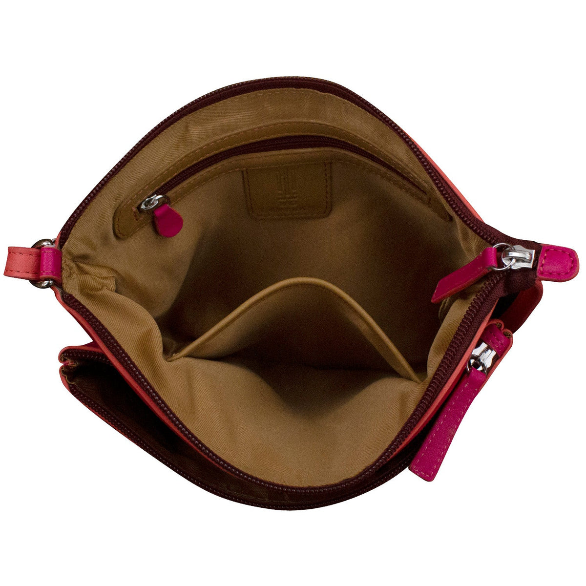 Open handbag with pink exterior and brown interior on a white background