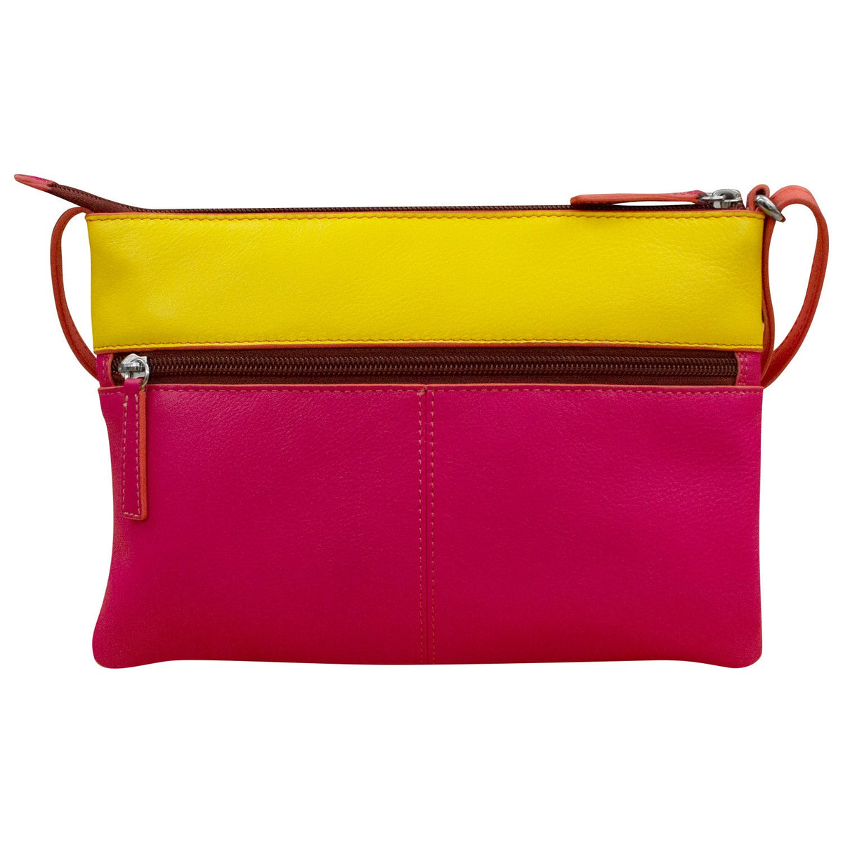 Colorful handbag with yellow top section and pink bottom section on a white background