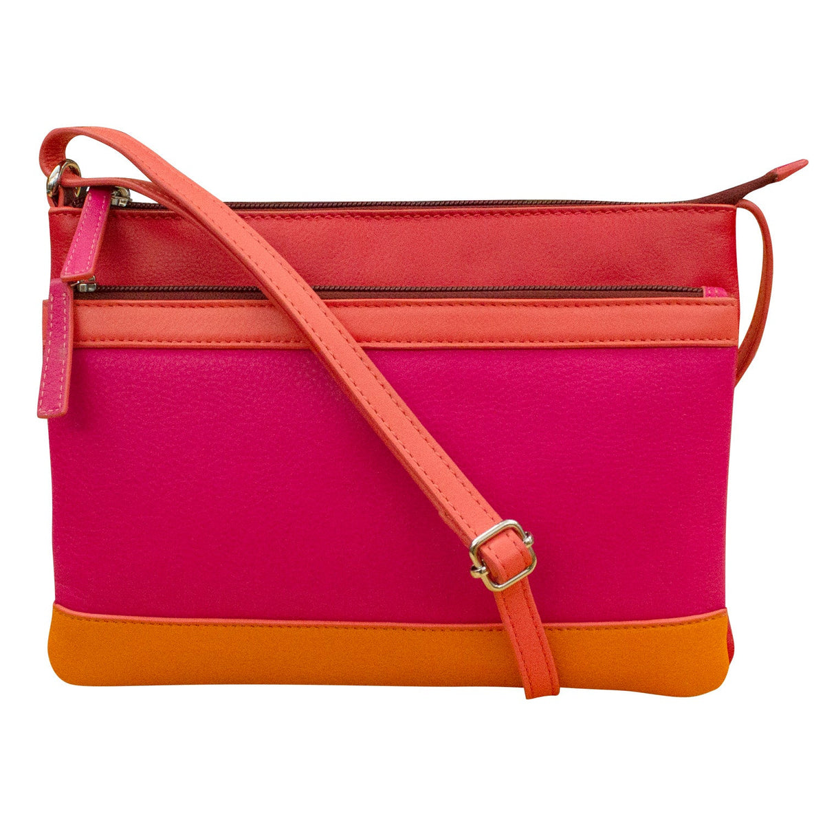Multicolored handbag with pink, orange, and red sections on a white background