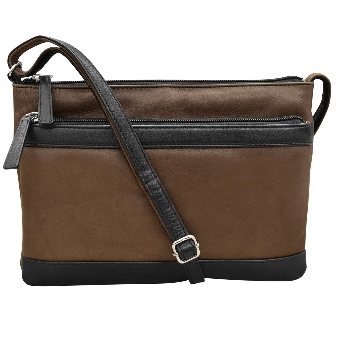 Brown leather handbag with a black strap on a white background