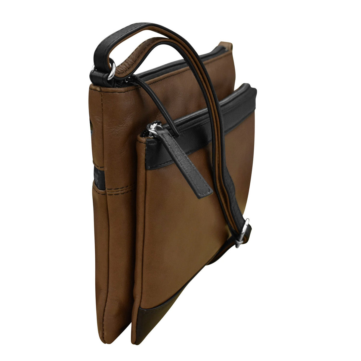 Brown leather handbag with a black handle on a white background