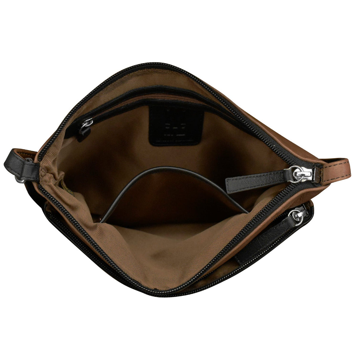 Brown leather bag with a zipper on a white background