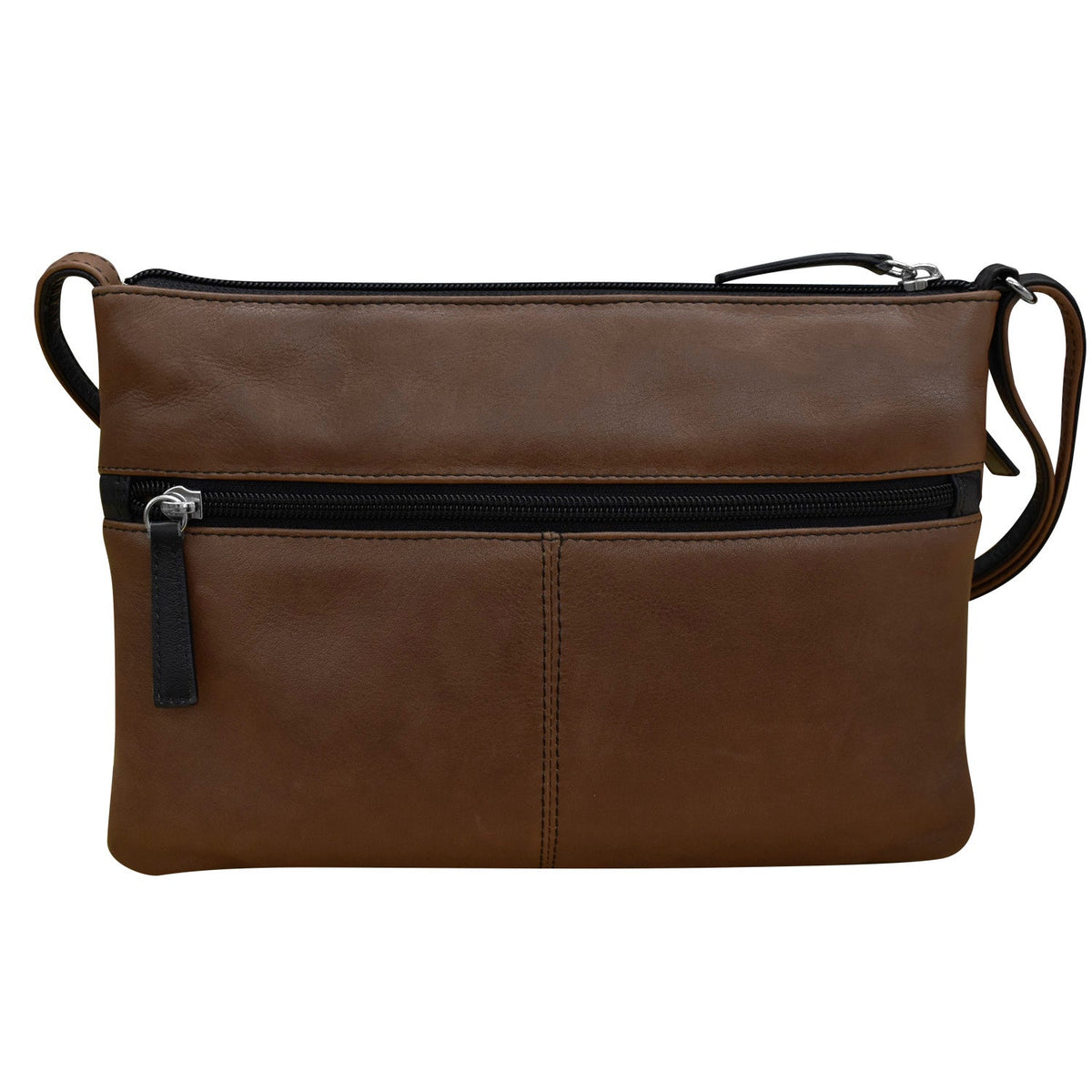 Brown leather crossbody bag with a strap on a white background
