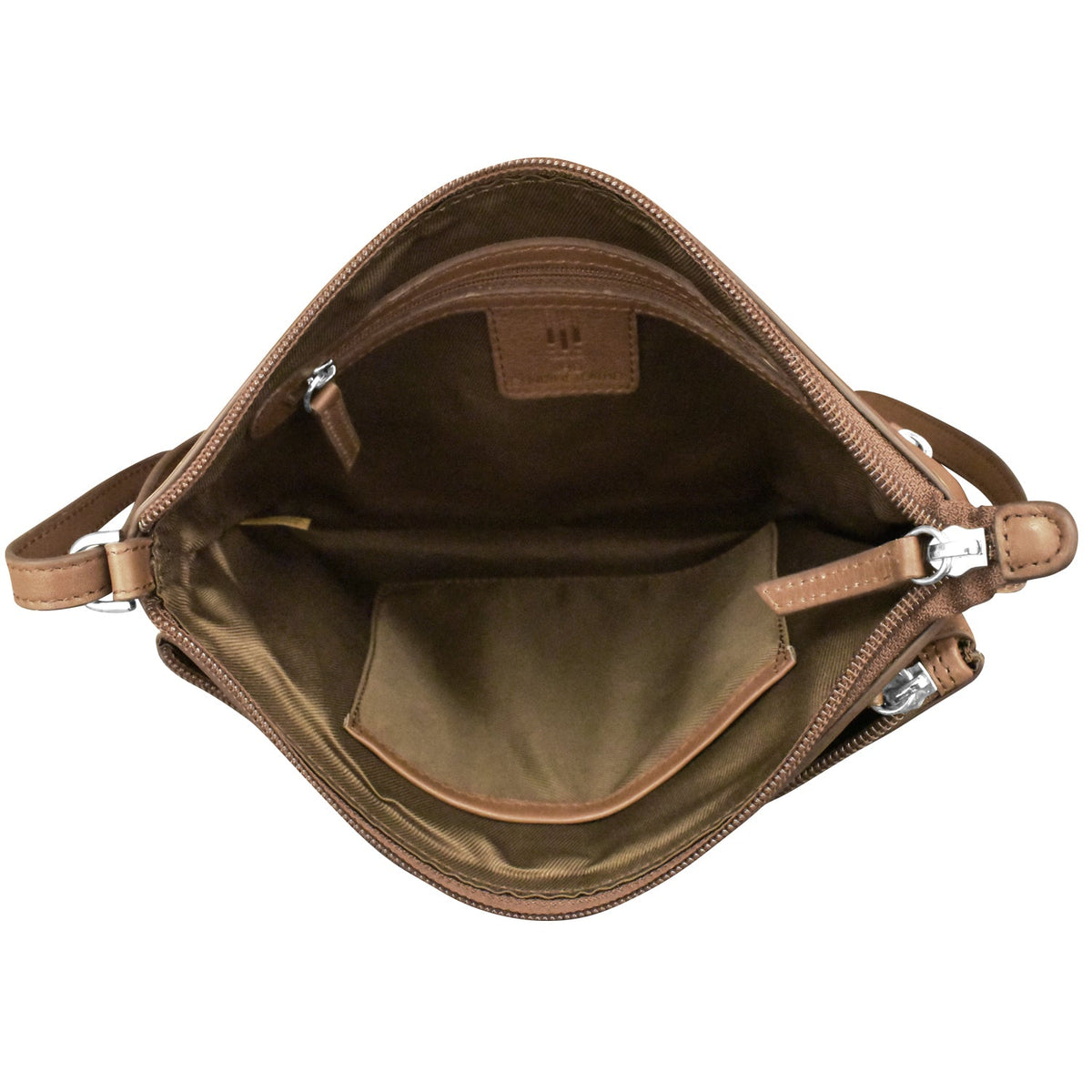 Brown leather handbag with open top on a white background