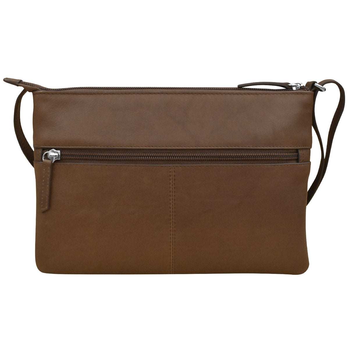 Brown leather shoulder bag with a zipper on a white background
