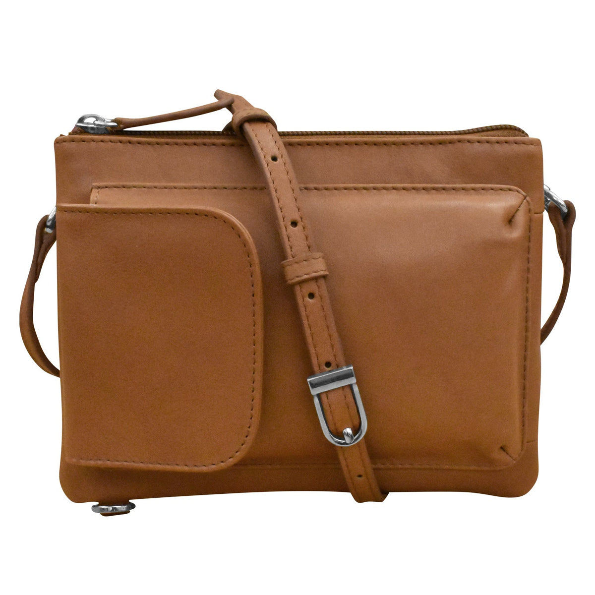 Brown leather crossbody bag with a strap on a white background