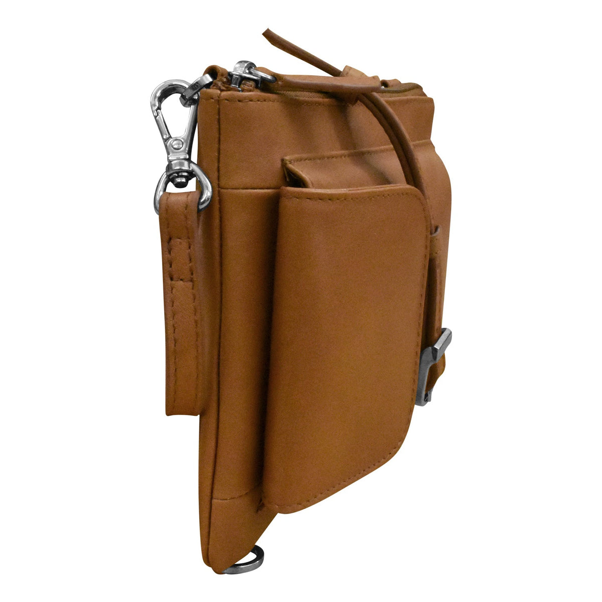 Brown leather pouch with multiple pockets and a strap on a white background