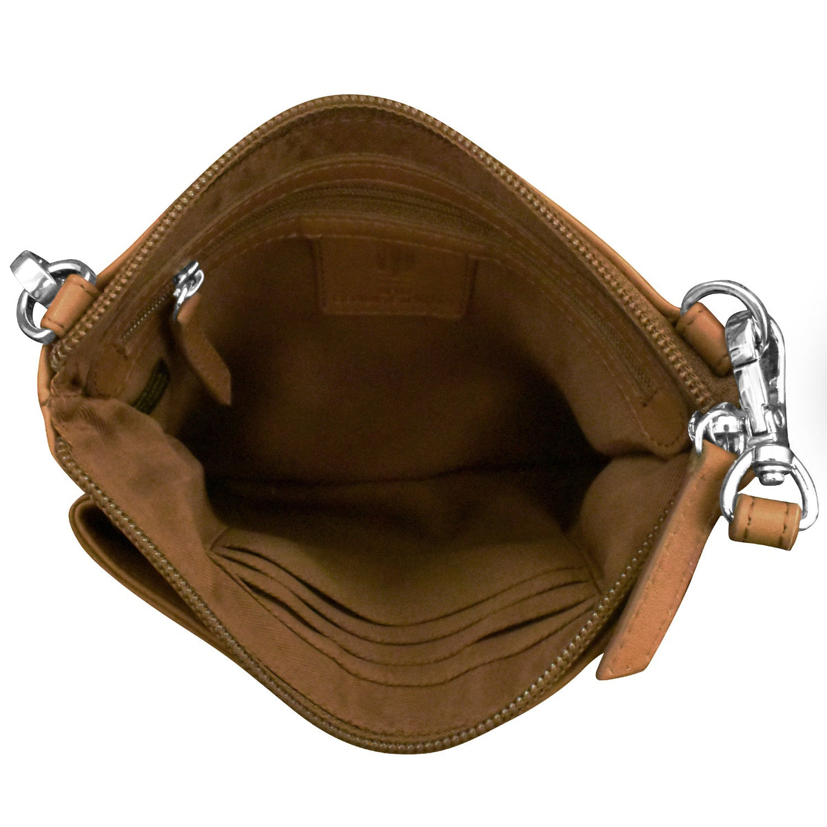 Brown leather bag with silver zipper and keychain on a white background