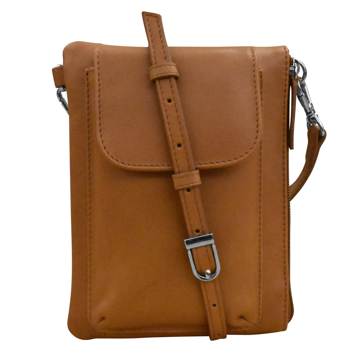 Brown leather crossbody bag with strap on a white background