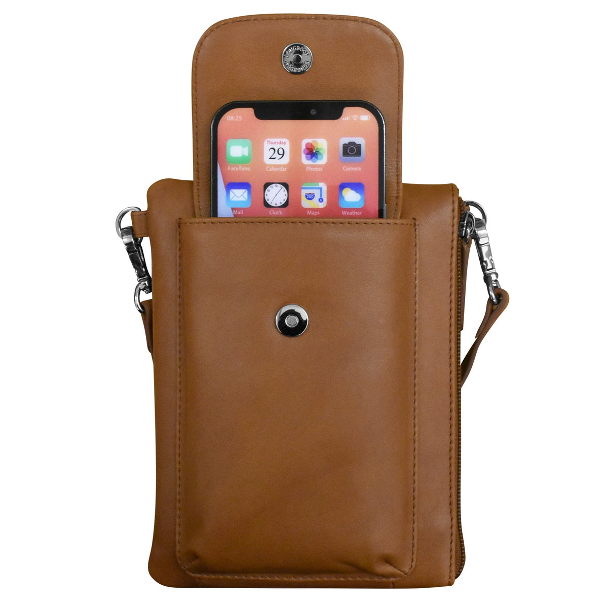 Brown leather phone pouch with a smartphone displaying app icons on a white background