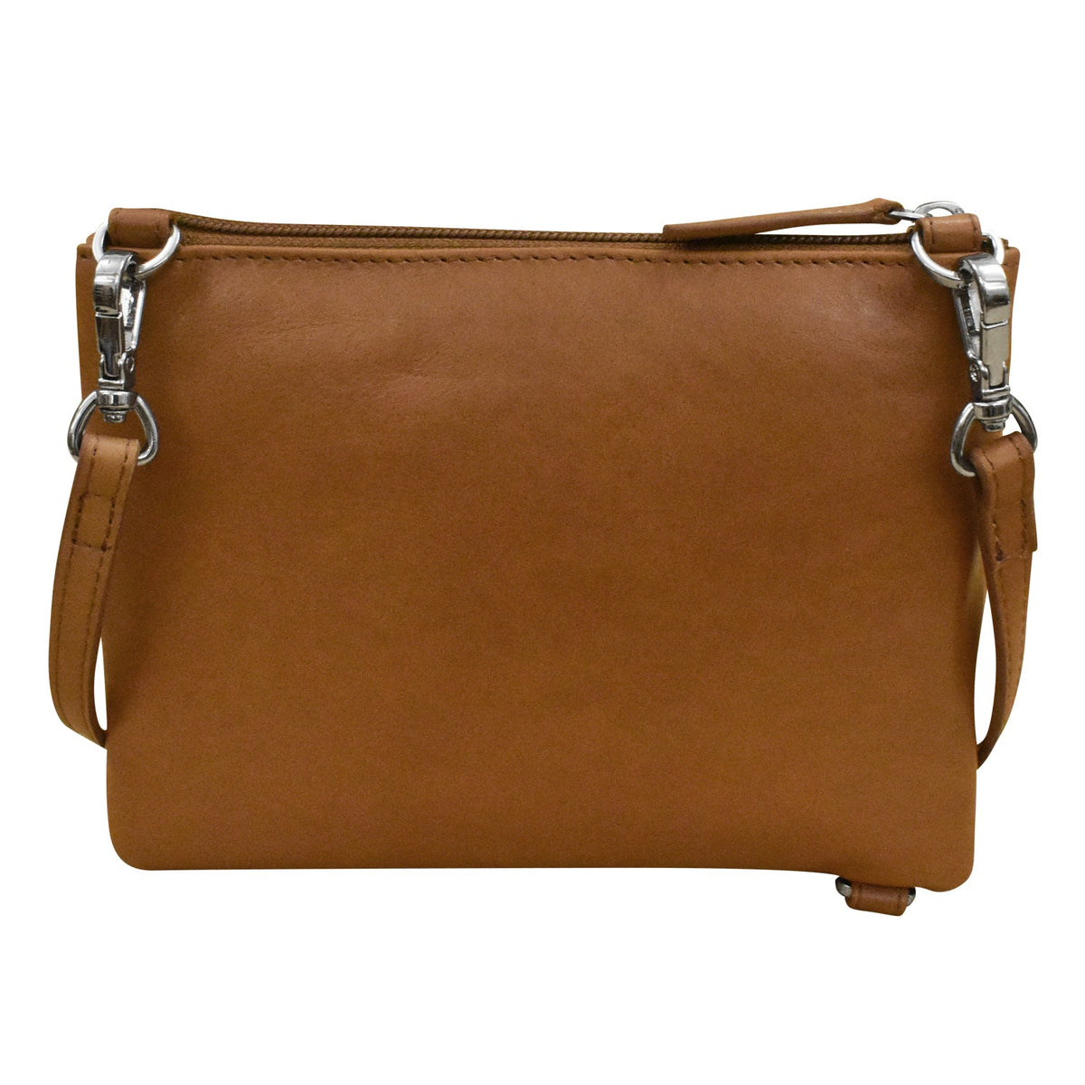 Brown leather handbag with silver hardware on a white background