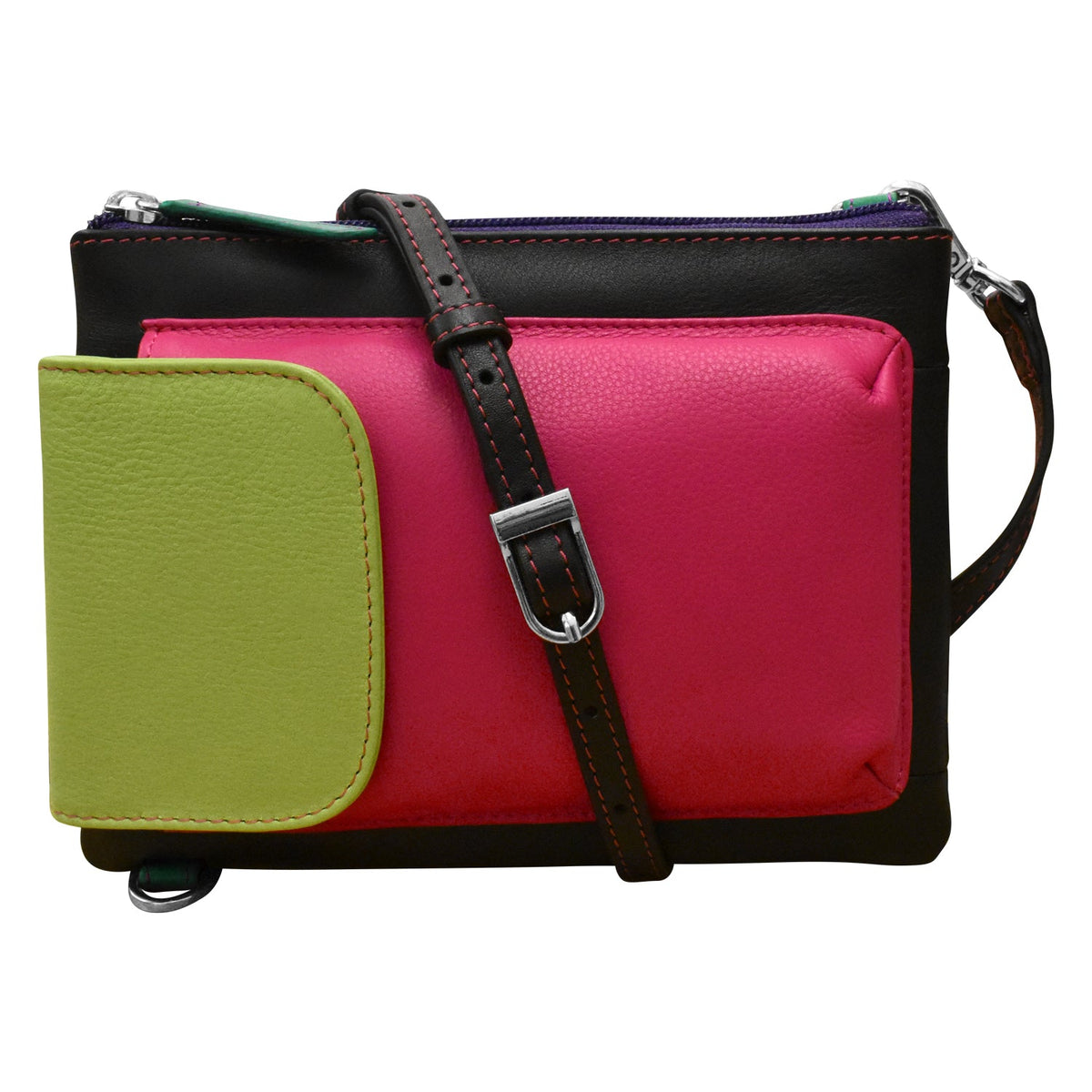Multicolored handbag with pink, green, and black sections on a white background