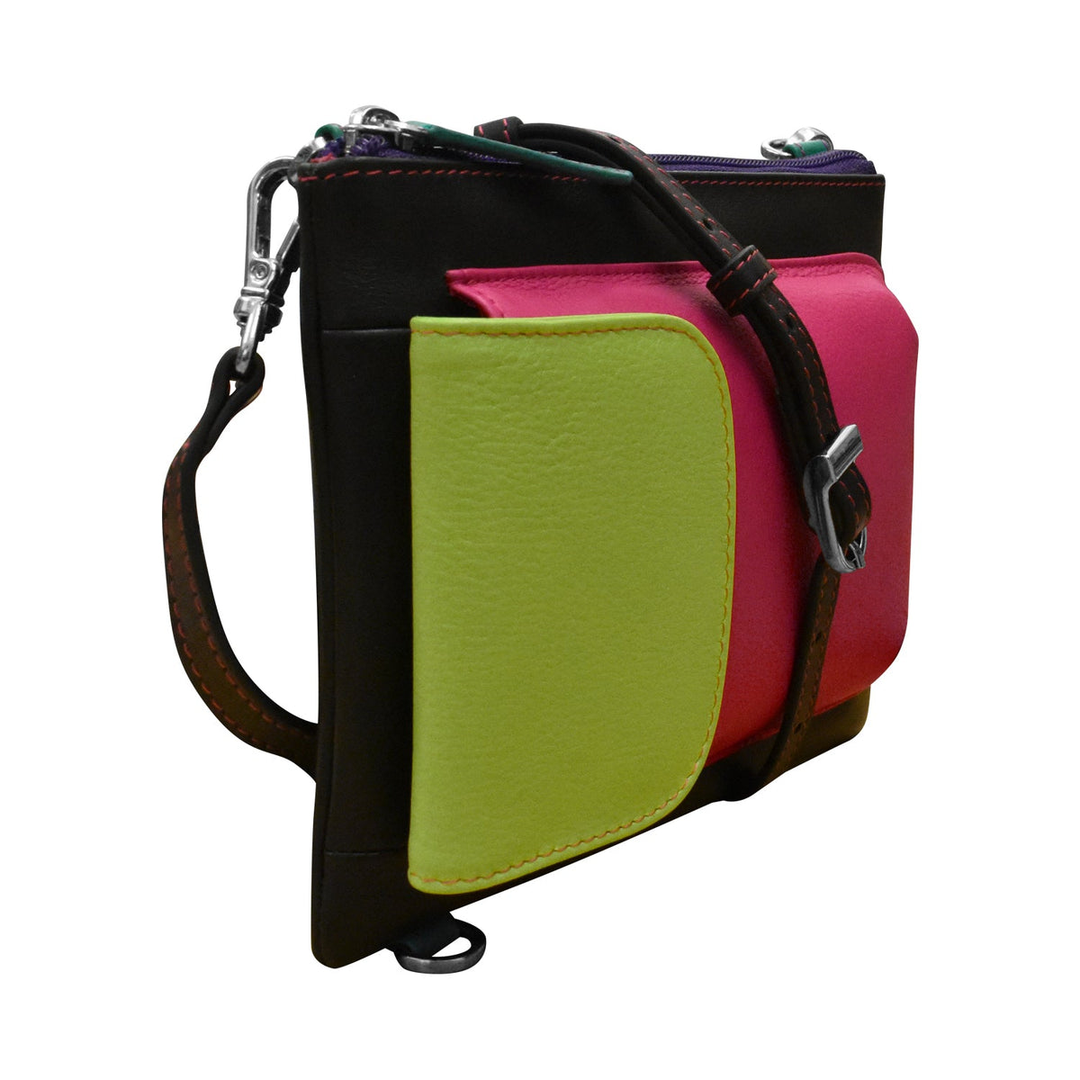 Multicolored pouch with a green flap and pink interior on a white background