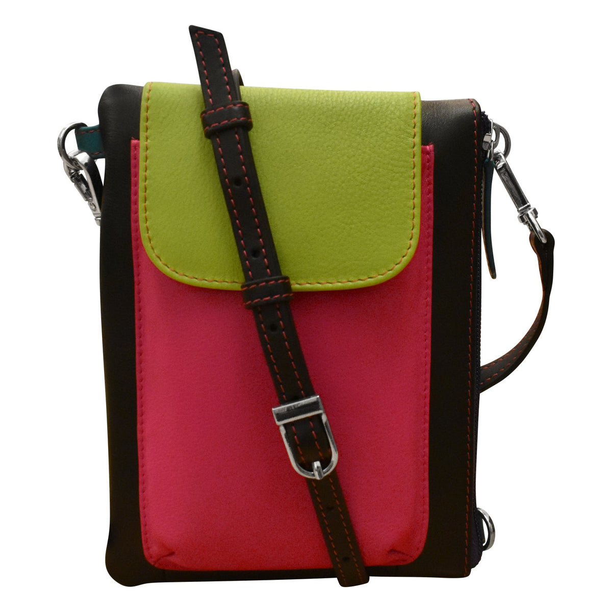 Colorful crossbody bag with green top section and pink bottom section on a white background