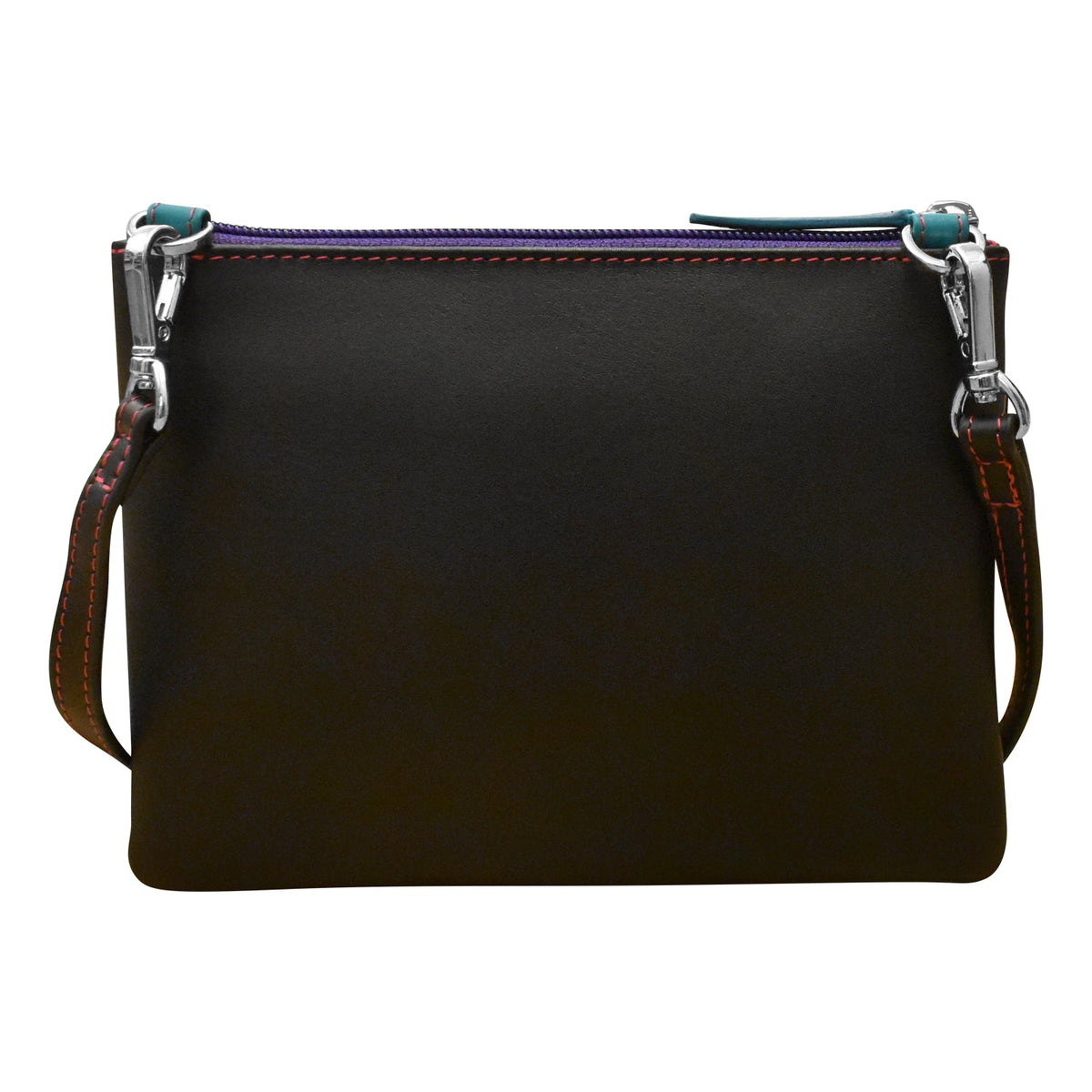 Black leather handbag with a strap on a white background