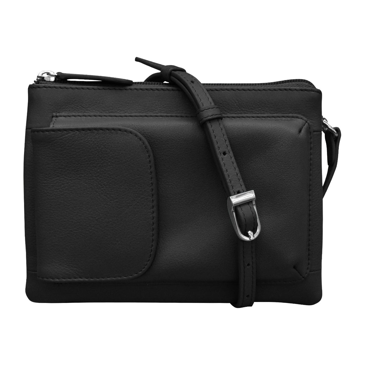 Black leather crossbody bag with a strap on a white background