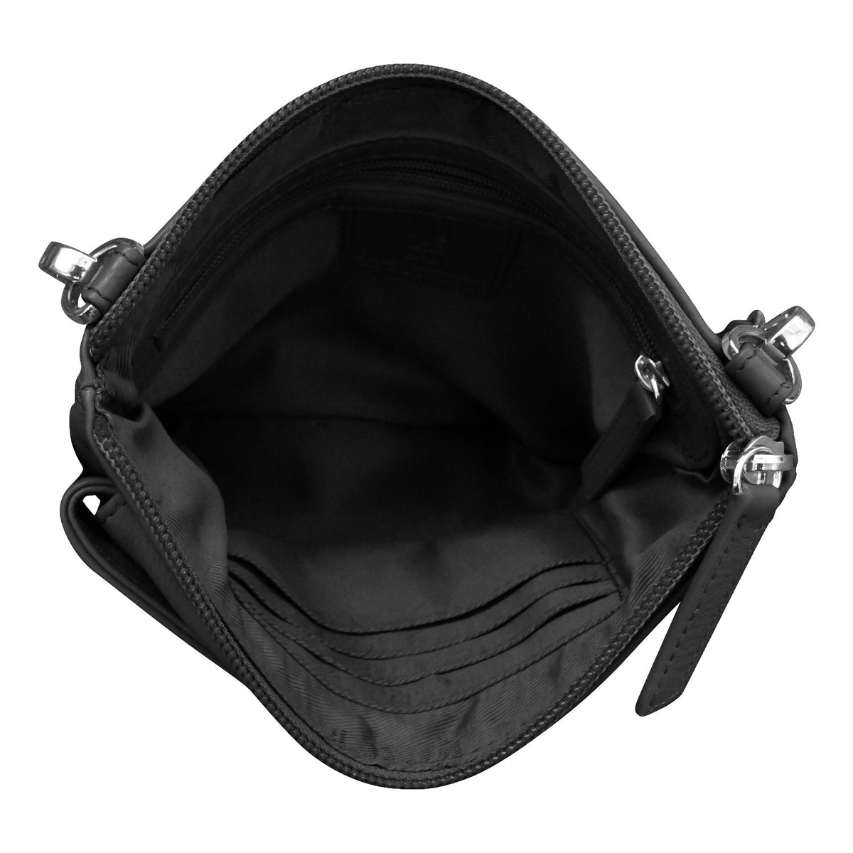 Black handbag with silver zippers on a white background