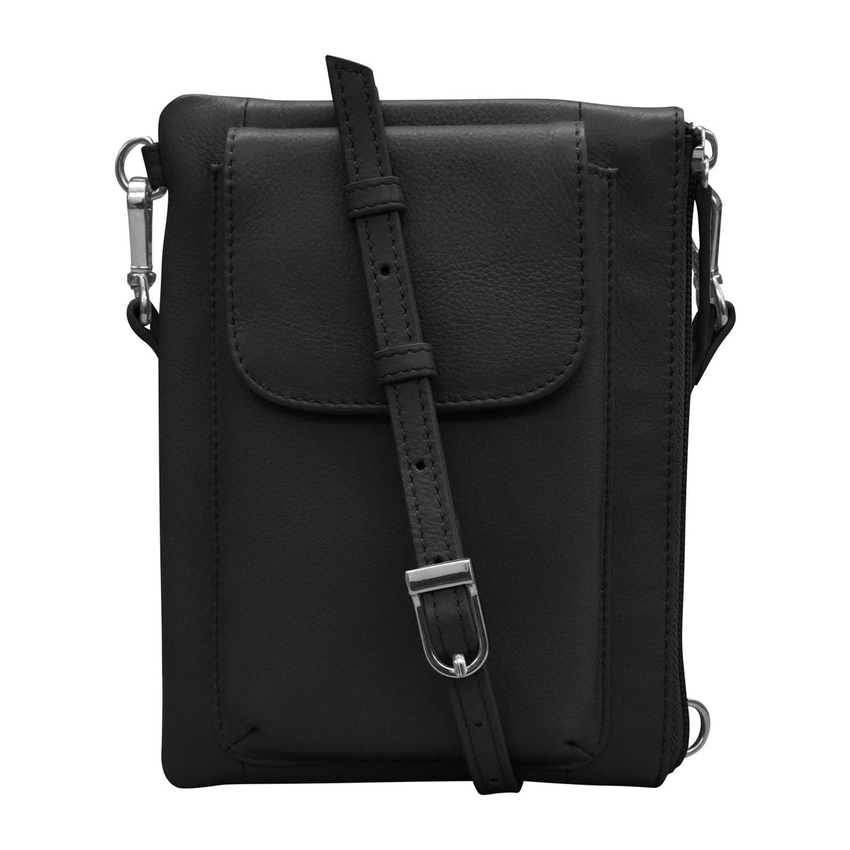 Black leather crossbody bag with a strap on a white background