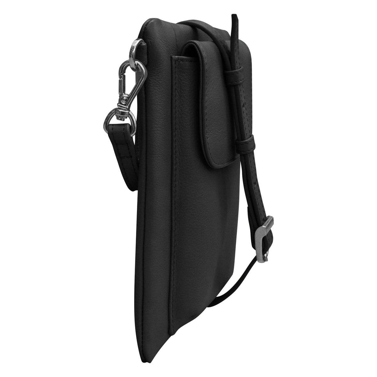 Black leather crossbody bag with strap on a white background