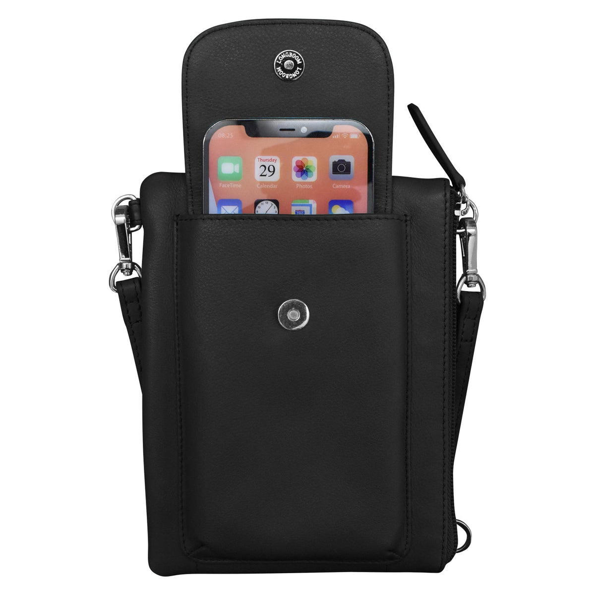Black crossbody bag with a phone in the front pocket on a white background