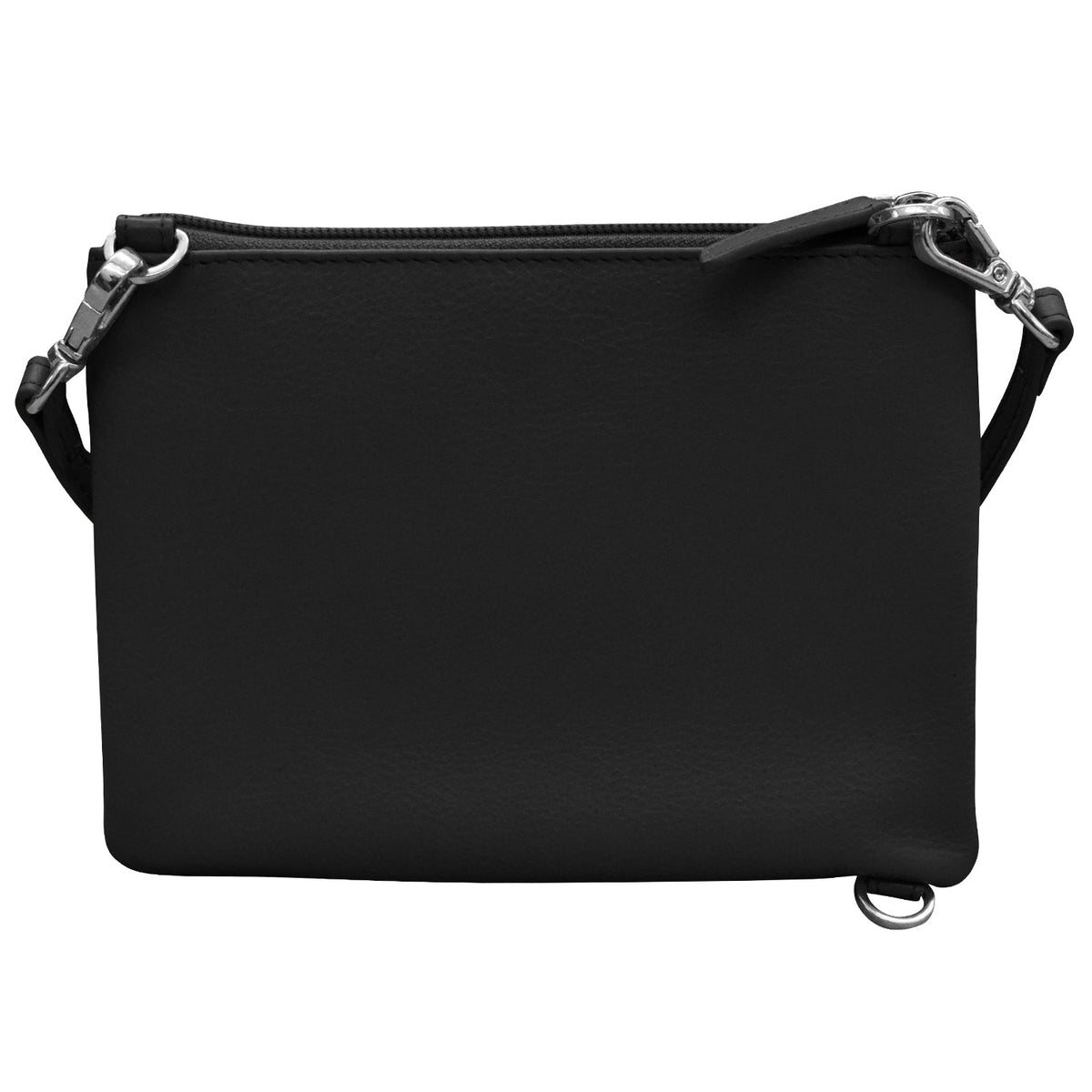 Black leather crossbody bag on a white background