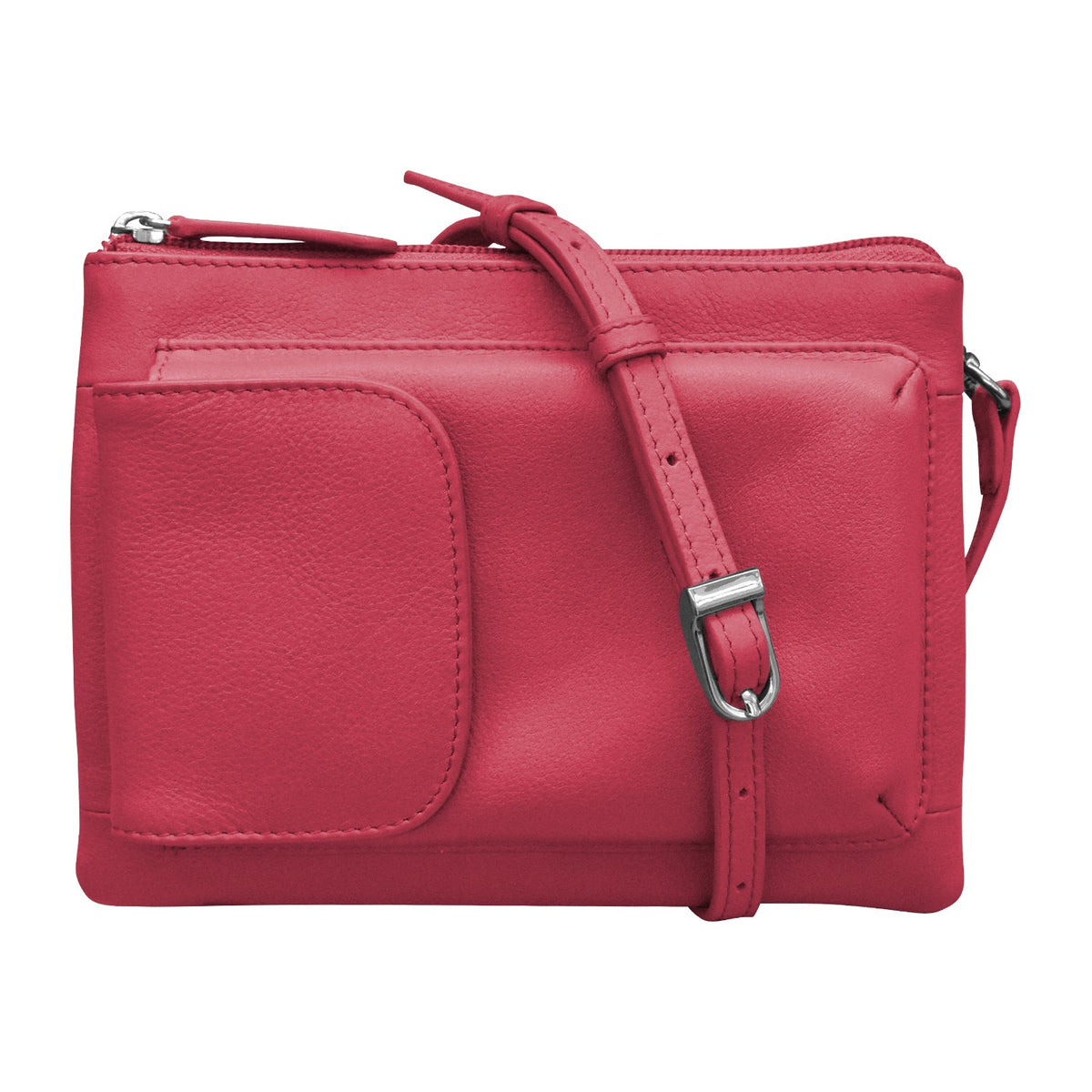Pink crossbody bag with a phone pocket on a white background