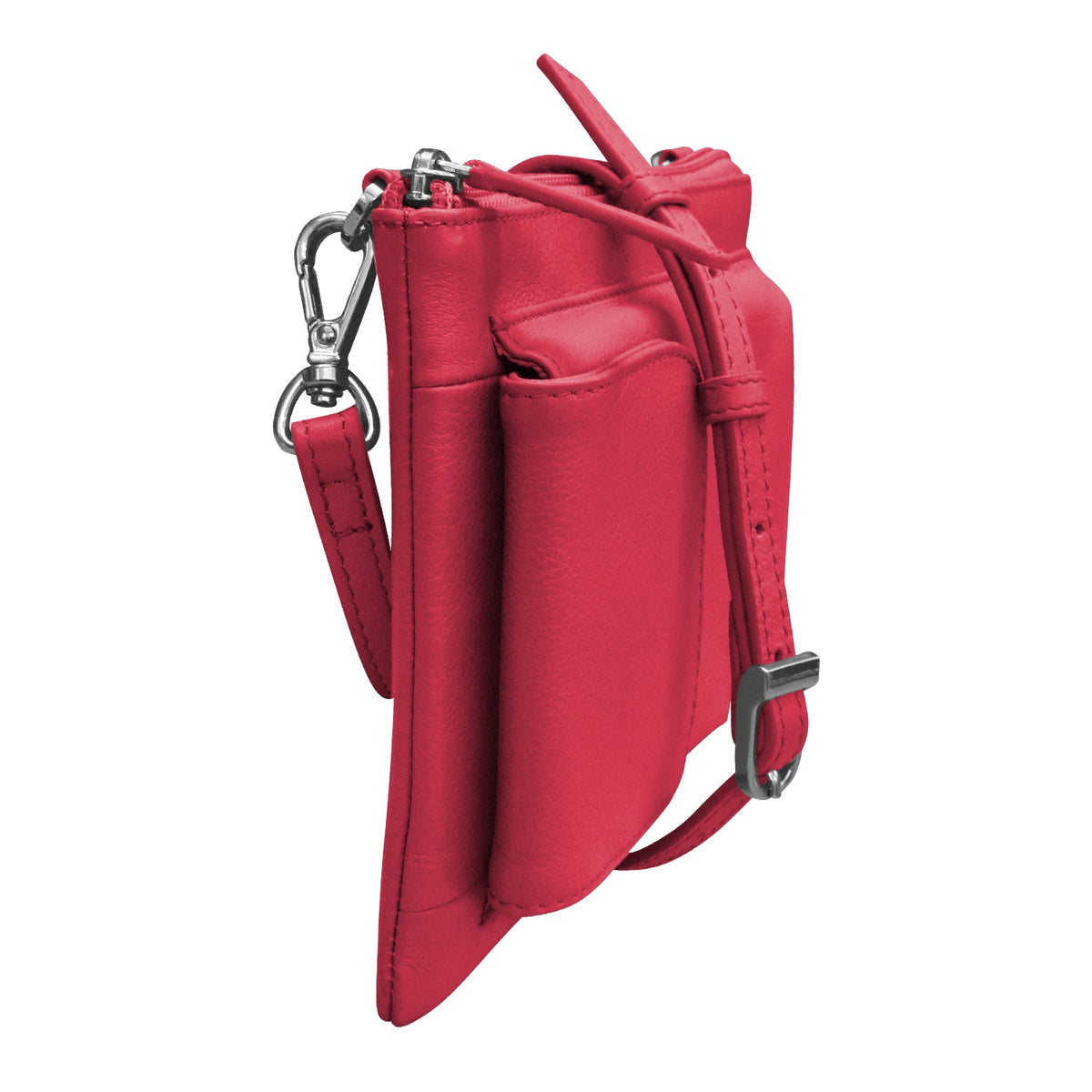 Red leather crossbody bag with a strap on a white background