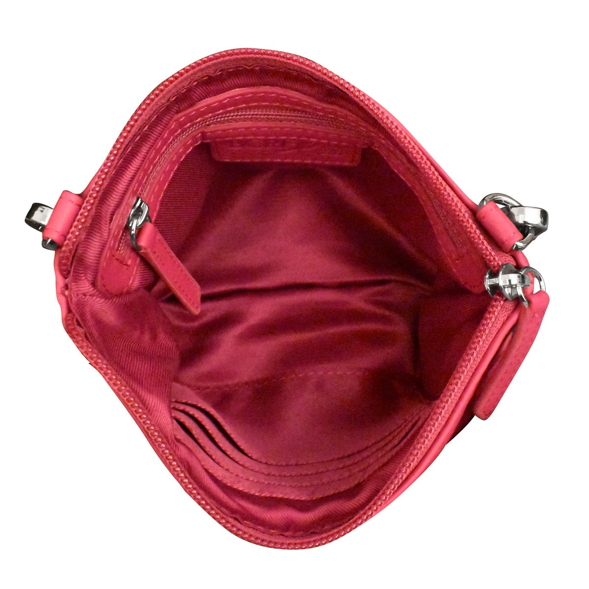 Red bag with silver zippers on a white background