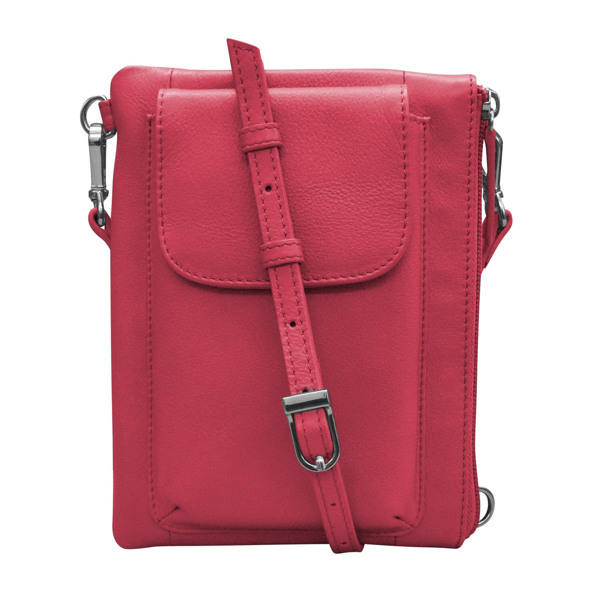 Red leather crossbody bag on a white background