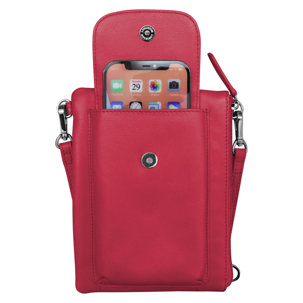 Red crossbody bag with a phone case on a white background